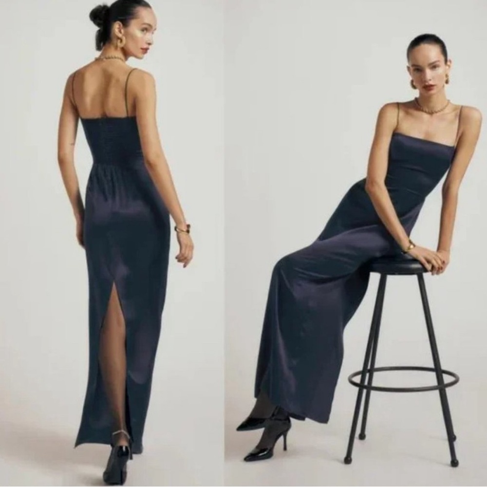 Reformation Frankie Silk Dress Navy (Size 6)